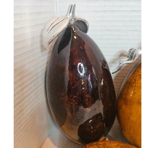 Artesana Home Vintage MCM Gourd Fruit Weighted Pewter Stem Leaf Eggplant - Picture 3 of 8